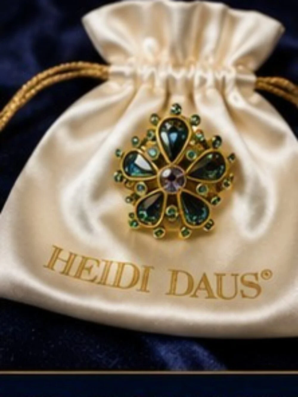 Heidi Daus Floral Crystal Statement Ring Size 9 Blue AB Rhinestone Gold Tone NOS